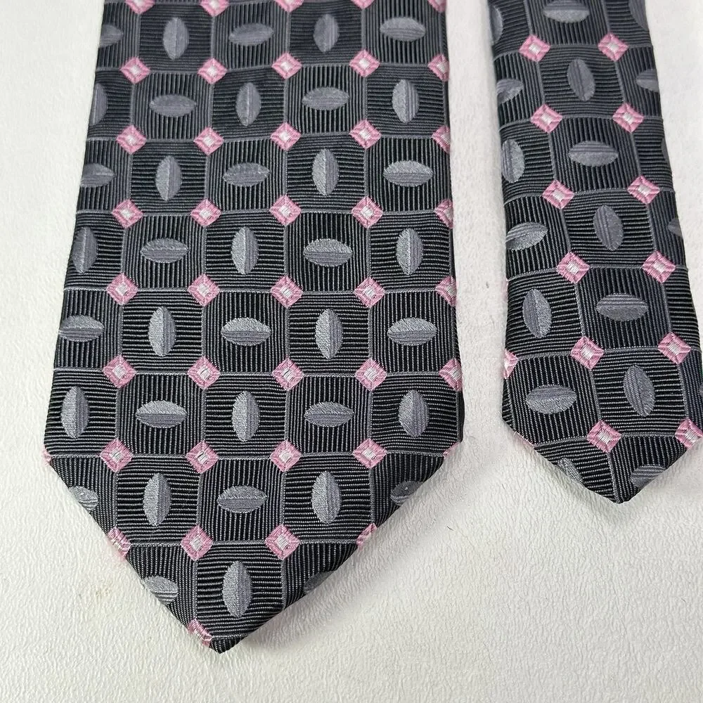 XMI Tie Mens 60 in Italian Silk Charcoal Pink Geometric Diamond Ellipsis Wide